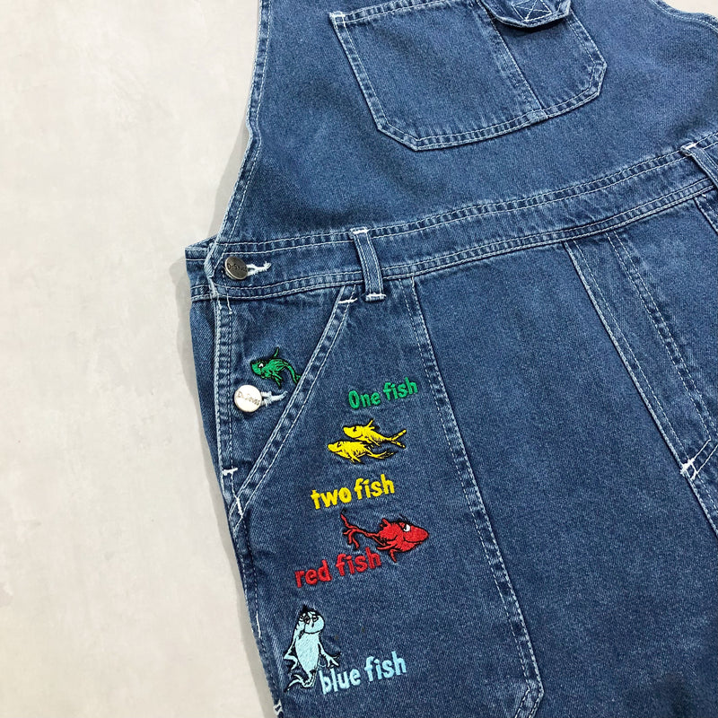 Vintage Denim Overalls Dr. Seuss One Fish Two Fish Red Fish Blue Fish (W/XL)