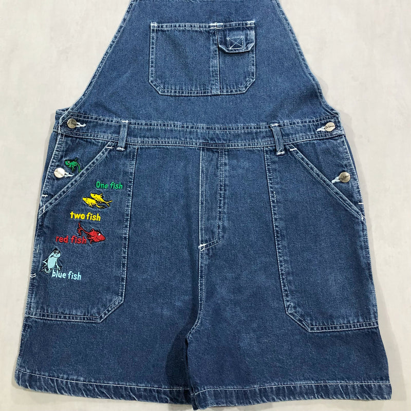 Vintage Denim Overalls Dr. Seuss One Fish Two Fish Red Fish Blue Fish (W/XL)