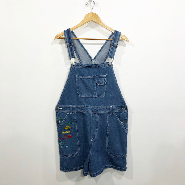 Vintage Denim Overalls Dr. Seuss One Fish Two Fish Red Fish Blue Fish (W/XL)